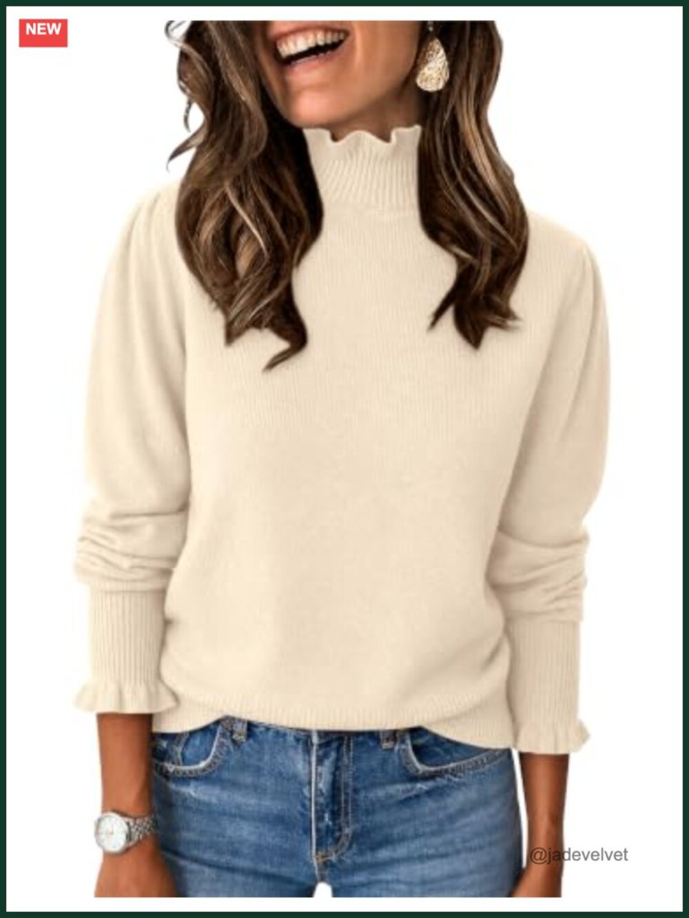 Ruffle Mock Neck Puff Sleeve Sweater Pullover Women Fall Knit Top
